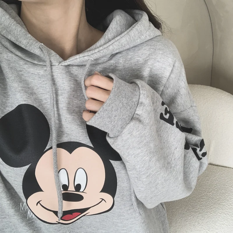 Disney Mickey Mouse sukienka jesień Cute Cartoon drukowanie 3D duży rozmiar bluzki damskie z długim rękawem moda Over-the-knee luźna bluza z kapturem