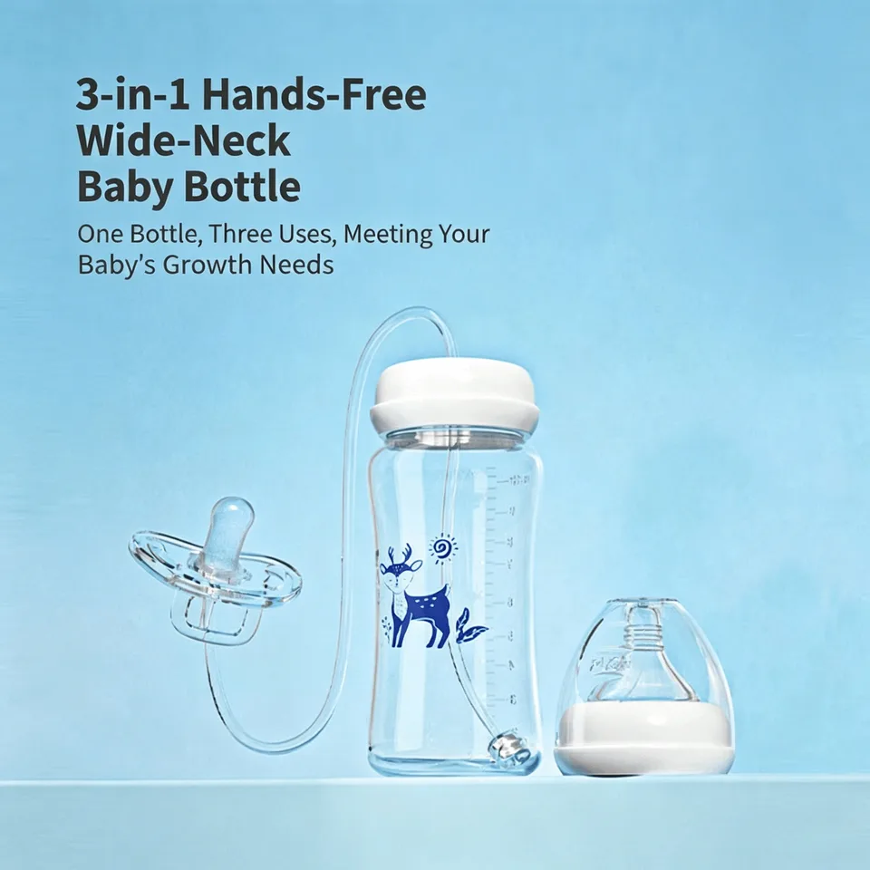 3-in-1 핸즈프리 300ML 와이드넥 젖병, 우유 저장병, 젖꼭지, 다기능 낙하방지 중력볼 수유병