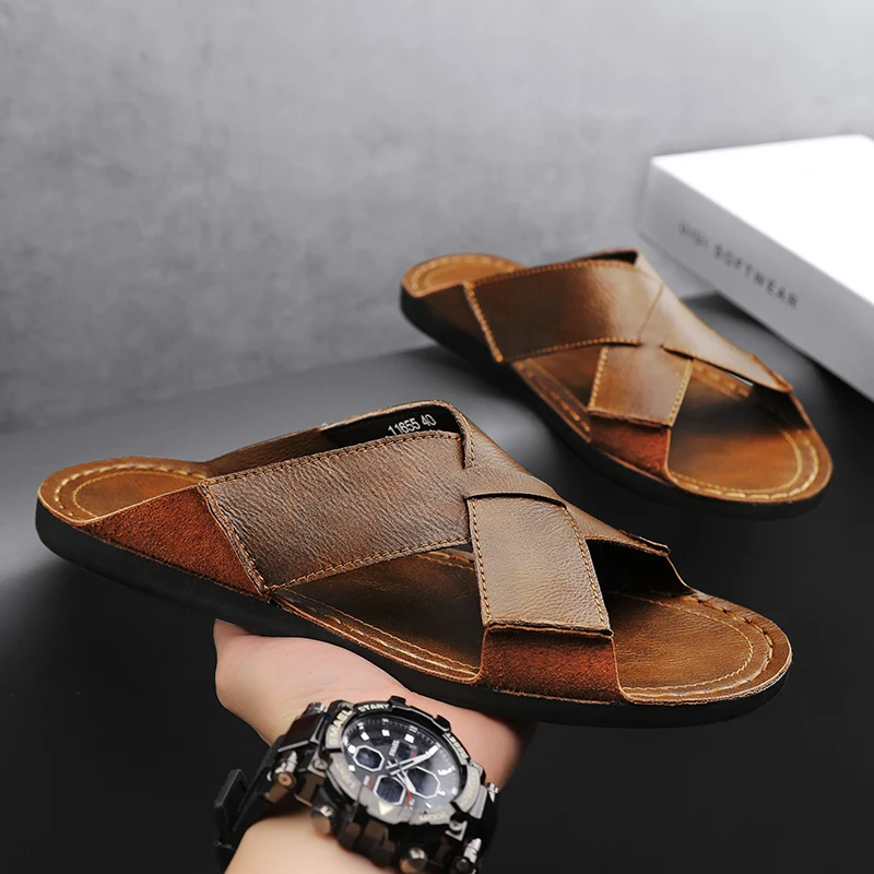 

Fashion Genuine Leather Men Slippers Summer Man Sandals Outdoor Beach Shoes High Quality Casual Shoes Comfortable Flip Flops