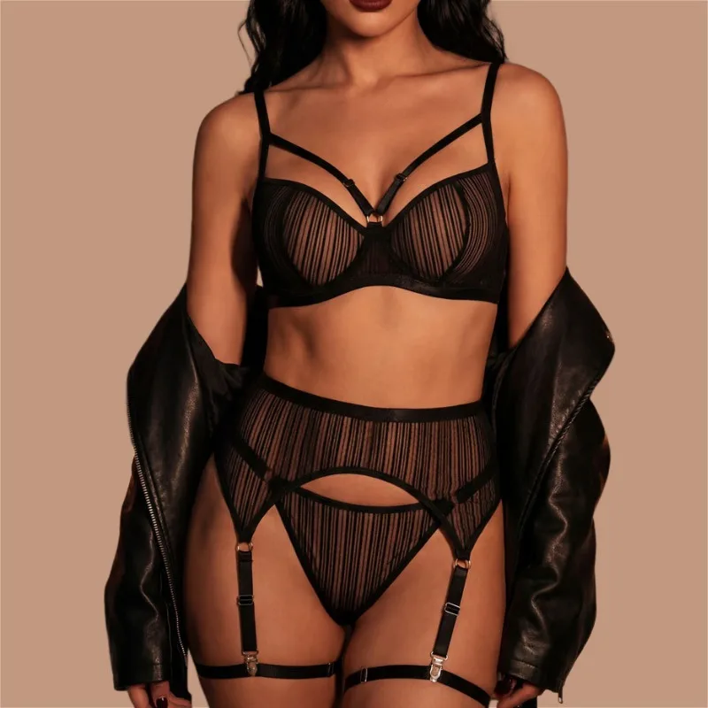 

Ellolace Exotic Women's Lingerie Set Daring Exclusive Stripe Bra Garter Thong 3PC with Leg Circles Fancy Wild Intimate Underwear