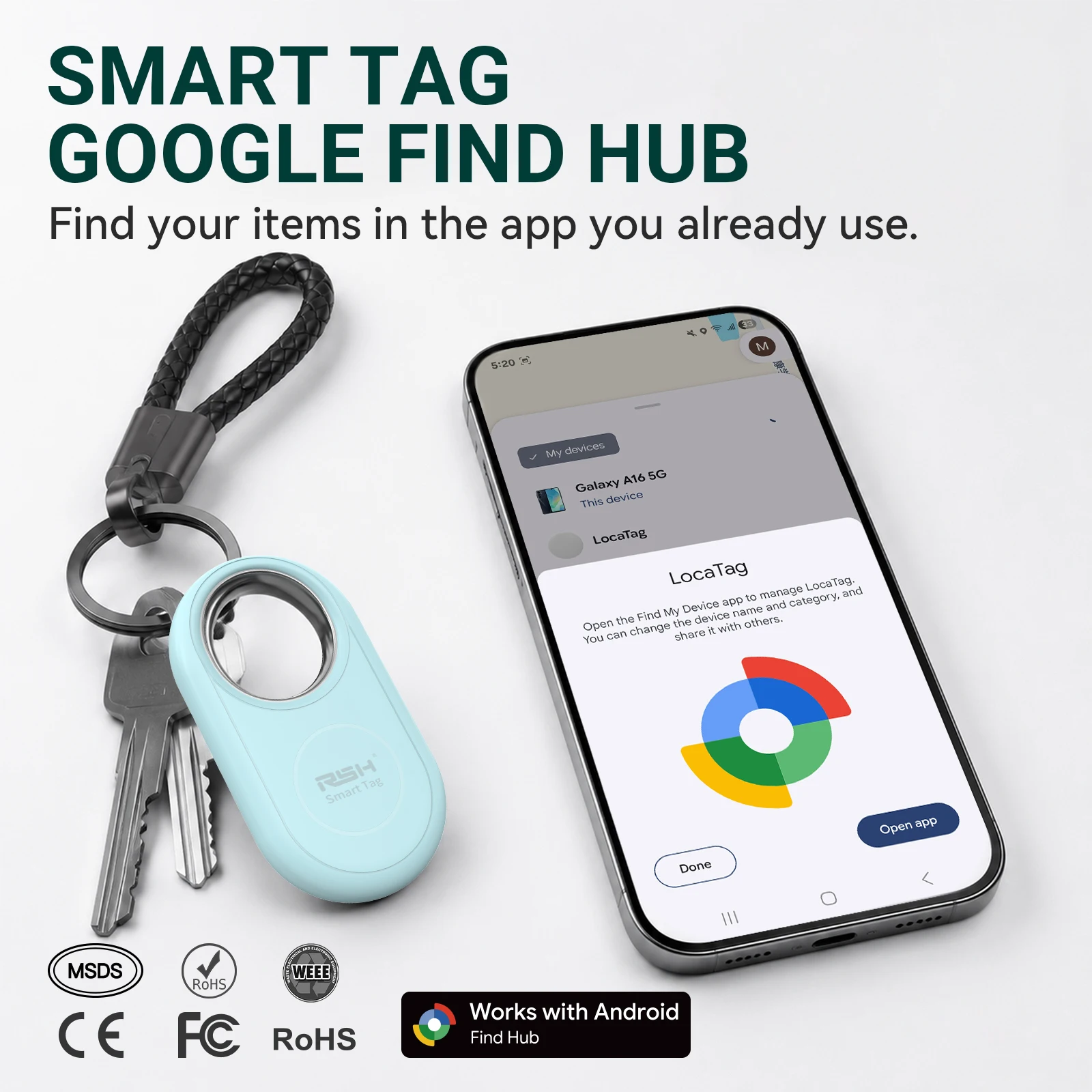 RSH Smart Tag for Google's Find Hub Bluetooth Tracker Key Finder Item Locator Pet Anti‑loss Tag for Xiaomi Pixel Google GMS