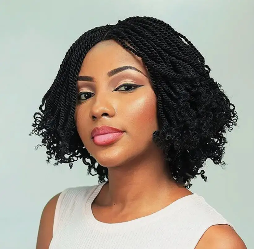 Short  Braided Wigs with Curly End Crochet Senegal Twist Braided Wigs Black