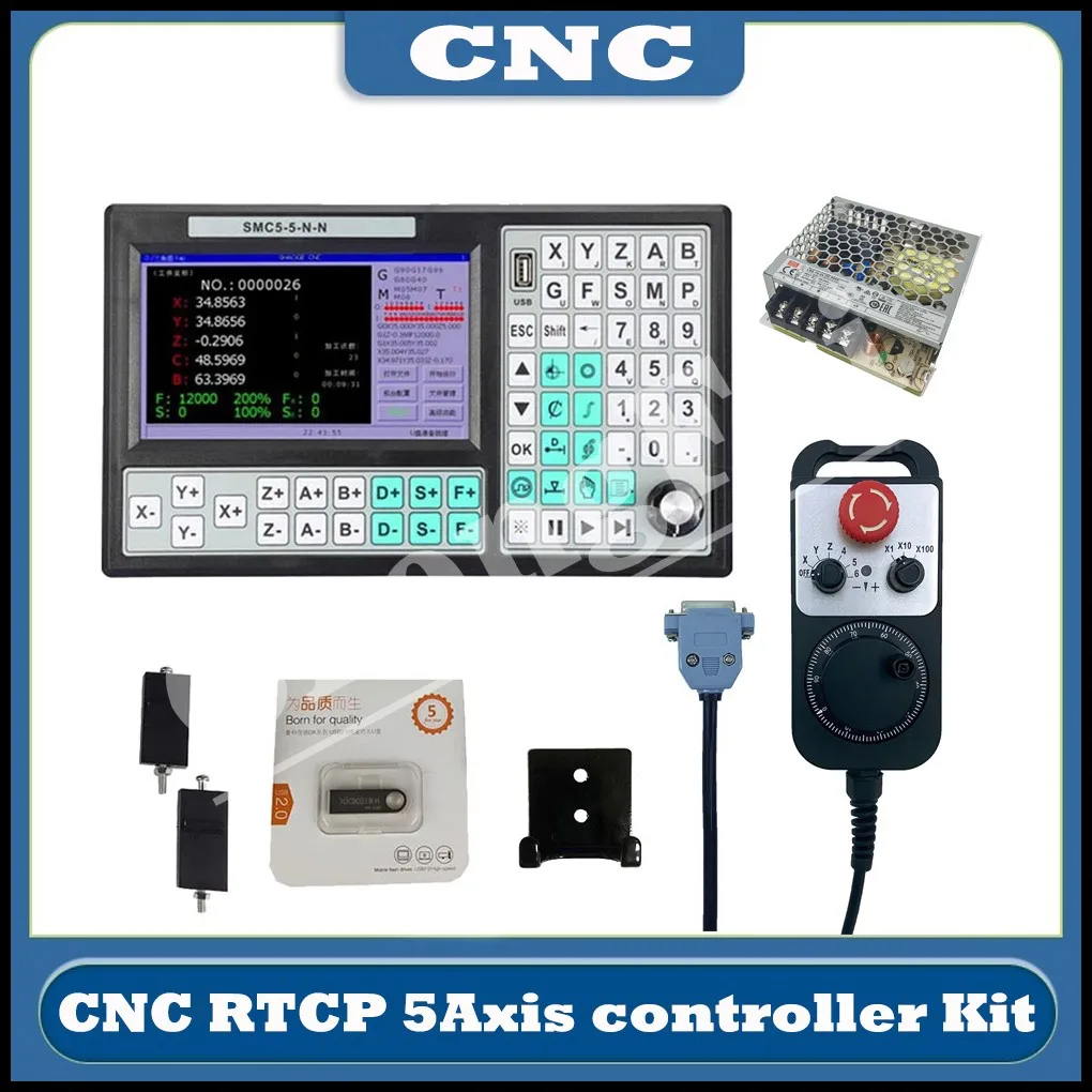 

CNC SMC5-5-N-N 5-axis offline Mach3 USB controller 500KHz G-Code 7-inch large screen 6-axis emergency stop handwheel 75W24V DC