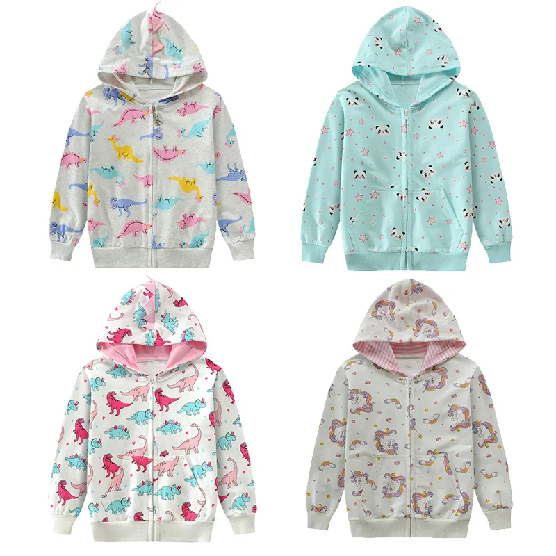 Little Hand Girls Zip‑Up Hooded Jacket All‑Over Dinosaur Unicorn Print Long‑Sleeve Winter Casual Outerwear Sweatshirt Coat 2-7t