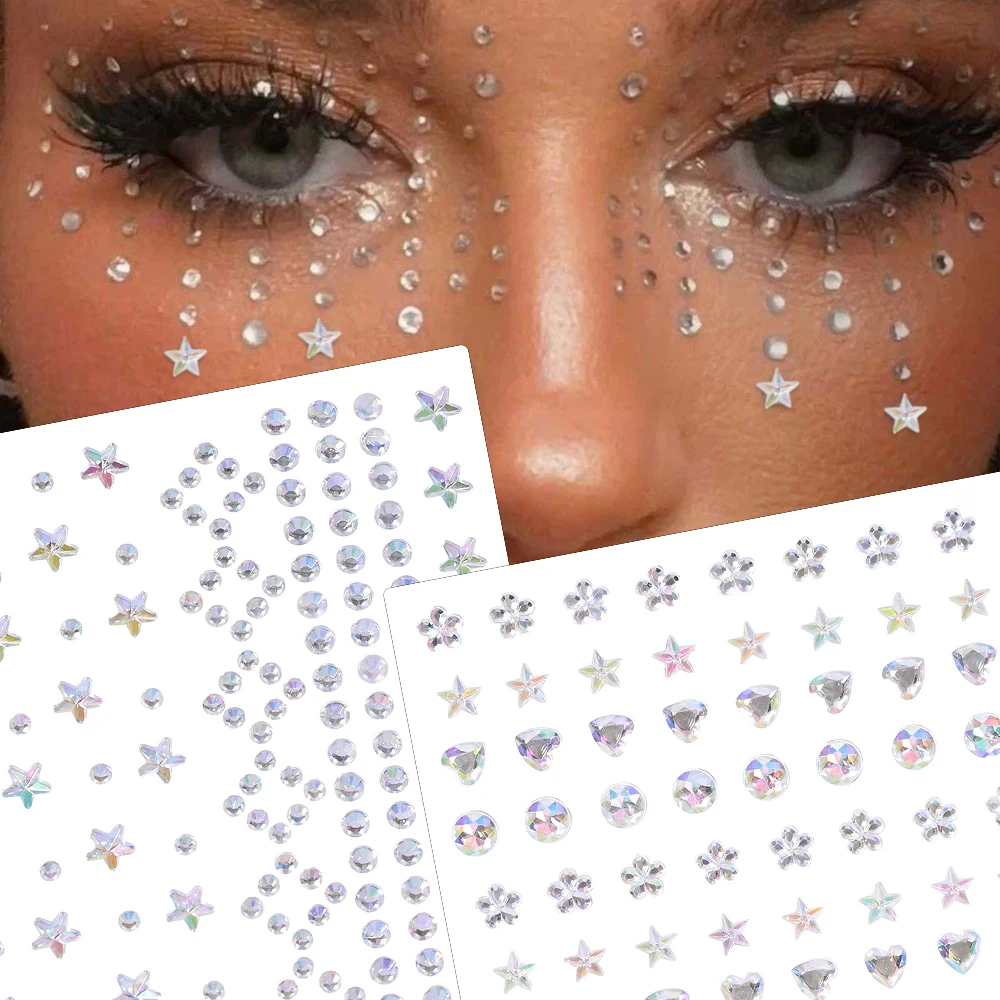 Crystal Tattoo Sticker Facial Rhinestone Sticker Body Brow Jewels Self Adhesive 3D Face Hair Gems Fairy Party Makeup Decoration