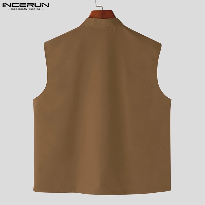 INCERUN Men Tank Tops Solid Color Stand Collar Sleeveless Button Vintage Men Clothing Streetwear 2024 Retro Casual Male Vests