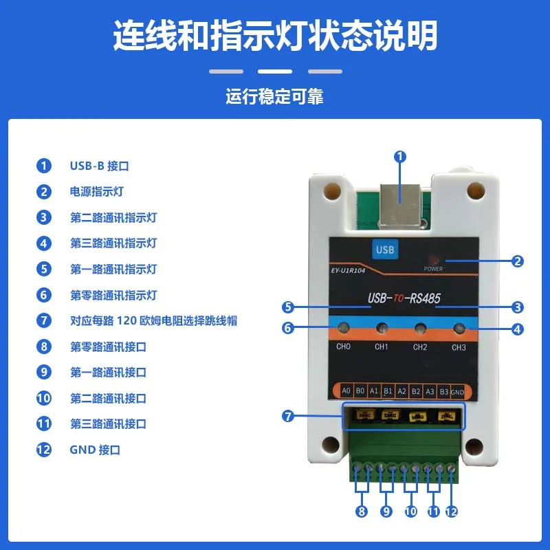 USB to 4-way RS485 Converter Serial Communication Module Four Independent COM Ports CH344Q Isolated Industrial Grade