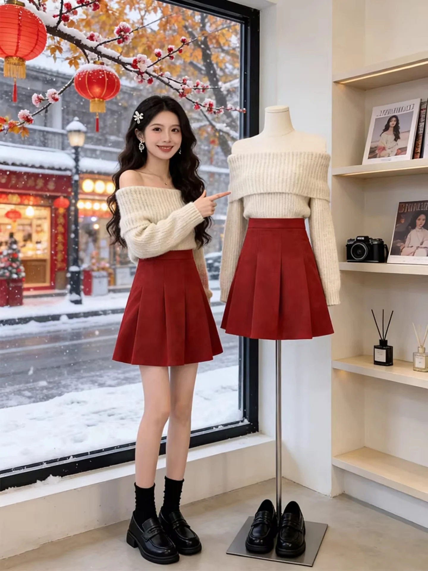 

Красная плиссированная юбка А-силуэта с высокой талией для женщин больших размеров, короткая, повседневная, для фигуры типа «груша», стройнящая, в стиле «торт»