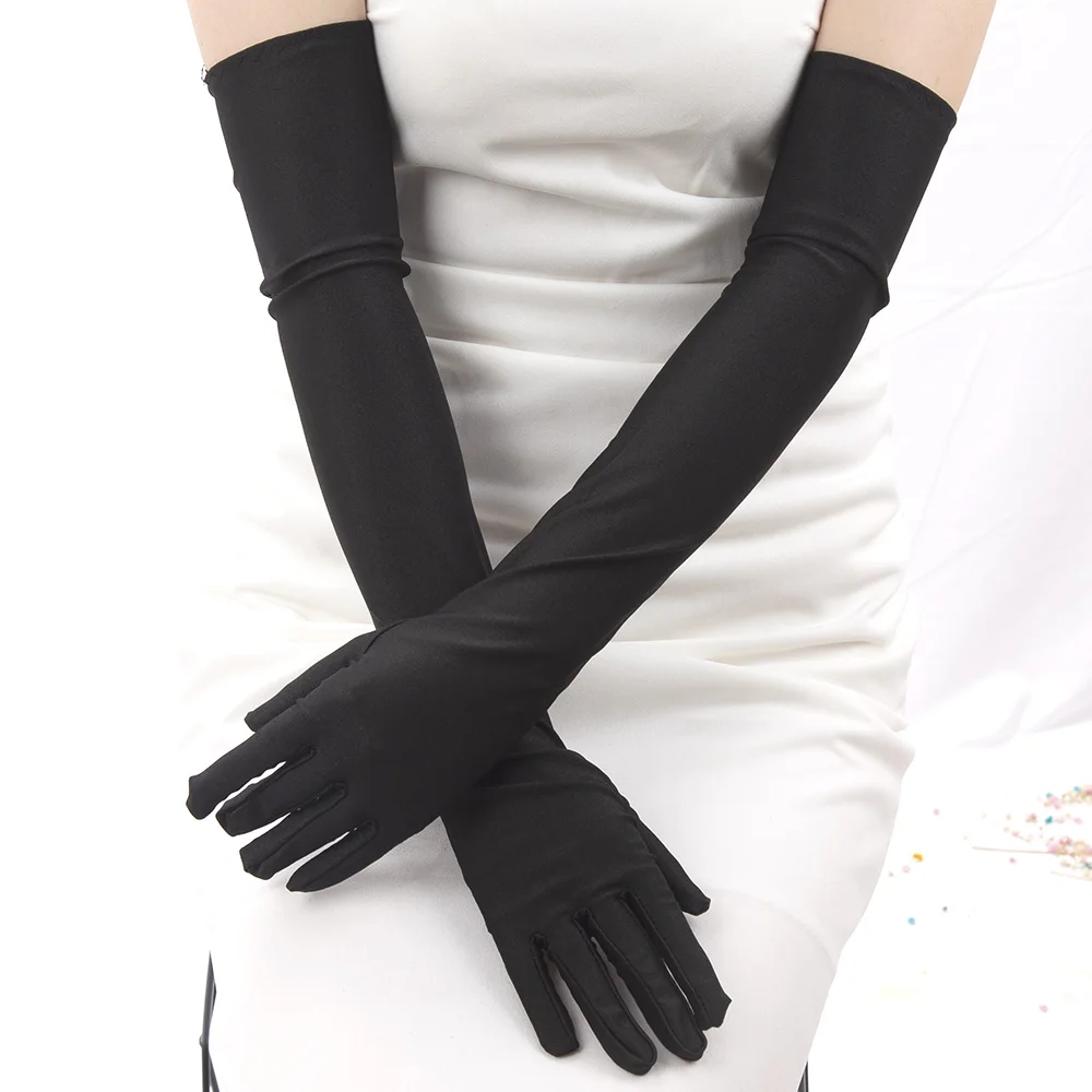 1 Pair Women Adult Long Gloves Black White Red Opera/Elbow Stretch Satin Finger for Lady Flapper Gloves Matching Costume