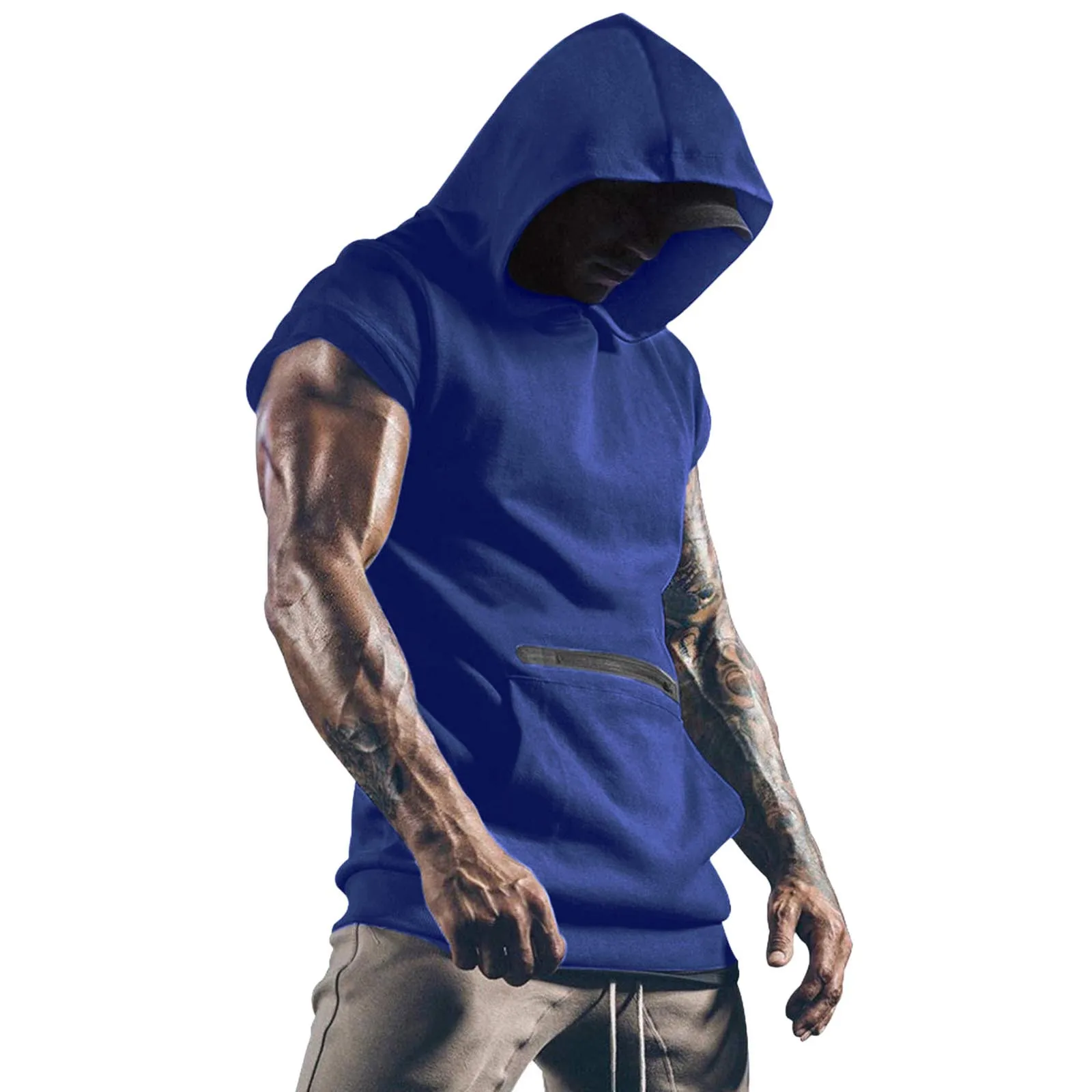 Summer Men Hooded Tank Top Solid Color Short Sleeve Vest Tops with Pocket O-neck Slim Fit Male Fitness Tank Vest Sports Tee Tops