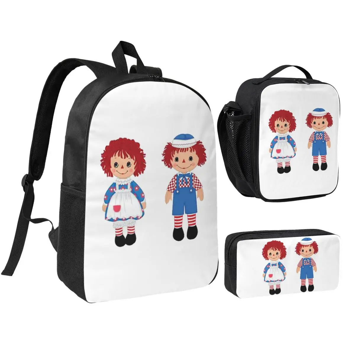 Raggedy Ann e Raggedy Andy: Mochila Vintage para Bonecas, Bolsa Escolar, Bolsas de Ombro, Kit 3 Peças com Lancheira Térmica e Estojo para Lápis