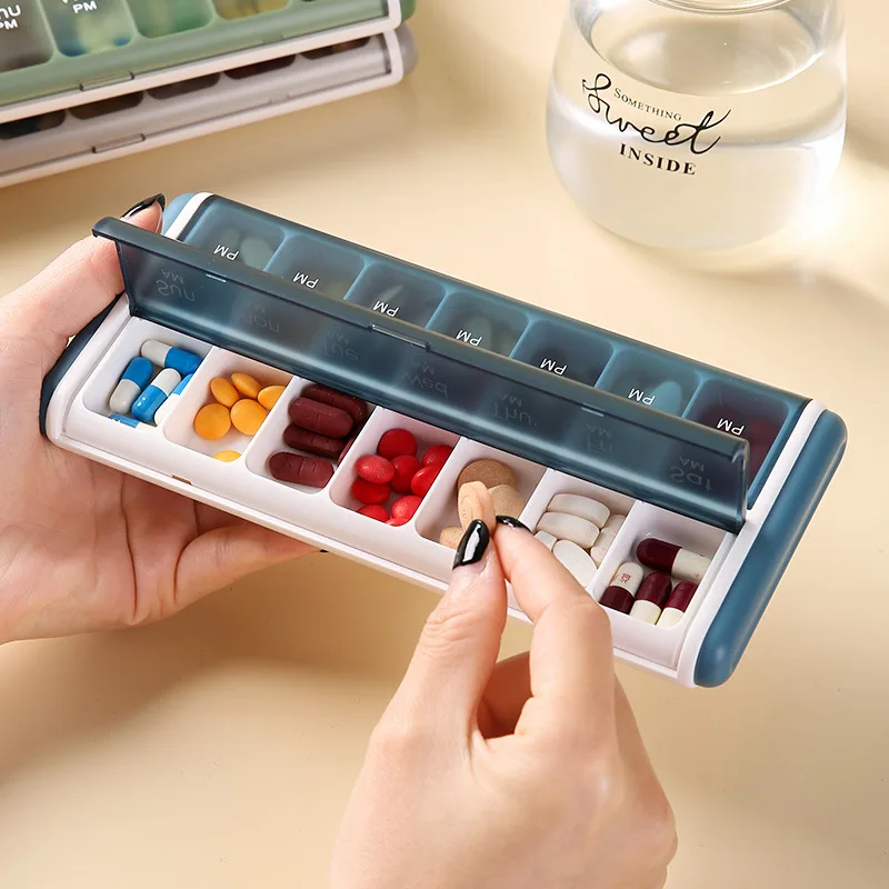 14 Grids Plastic Weekly Pill Organizer Dustproof Moisture-proof Multifunction Fish Oil Vitamin Medicine Storage Box