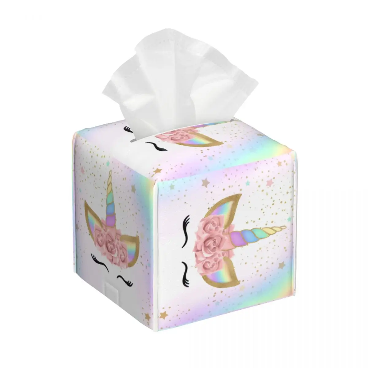 Custom Colorful Stars Unicorn Facial Tissue Box Cover Square PU Leather Tissue Box Holder for Car Toilet