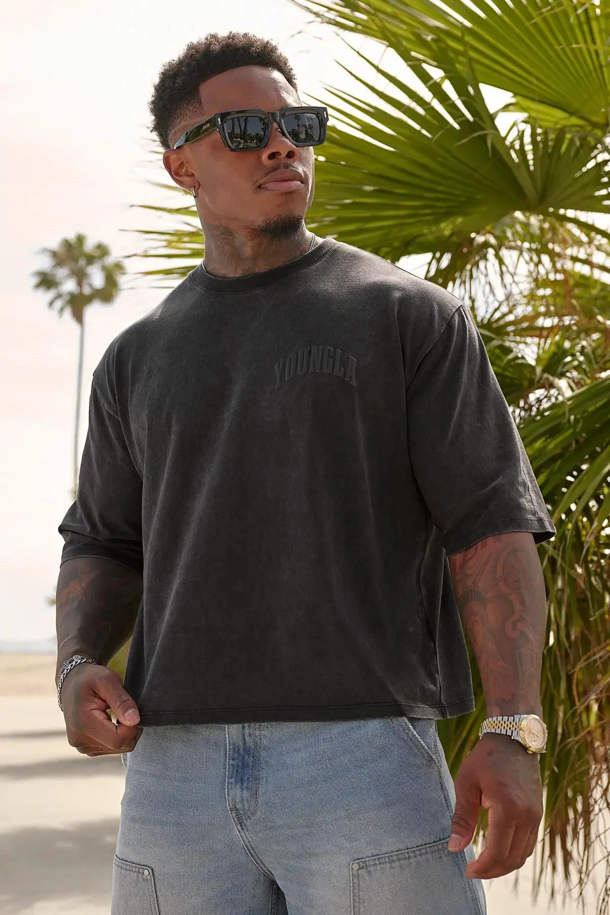 

YONGLA men's oversized T-shirt with foam printing, pure cotton short sleeved, American sports and fitness casual top