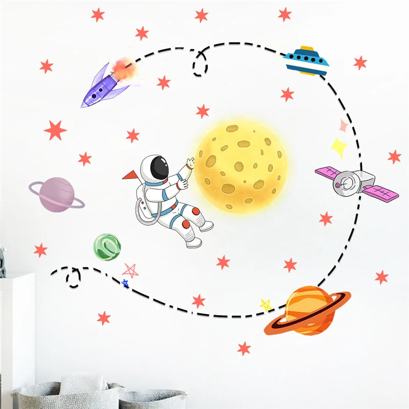 Cartoon Astronaut Starship Rocket Satellite Wall Stickers For Kids Room Home Decor Space Mural Art Nursery Decal Pvc Poster