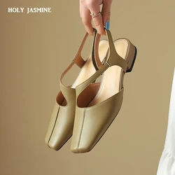 2023 New Basic Low Heels Women Sandals Square Toe Buckle Strap Slingback Pumps Mature Genuine Leather Office Working Shoes Woman