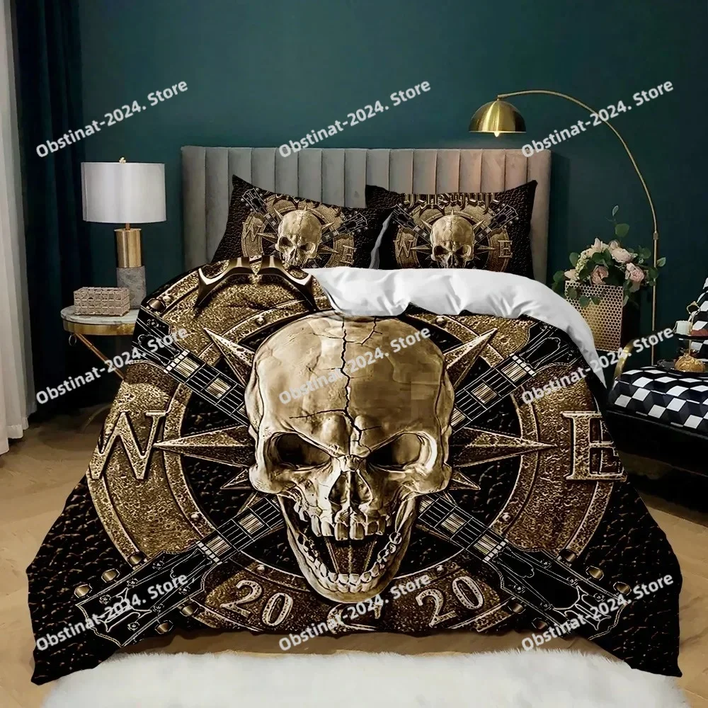 

Skull Duvet Cover Set, Abstract Texture with Skull and Crossbones Pattern Aged Rusty Grunge Style Polyester Bedding Set
