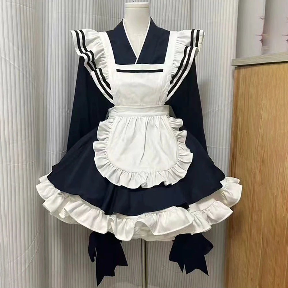 

Japanese Navy Maid Lolita Skirt Cute Soft Girl College Style Long Sleeve Irregular Dress Apron Set bodycon dress