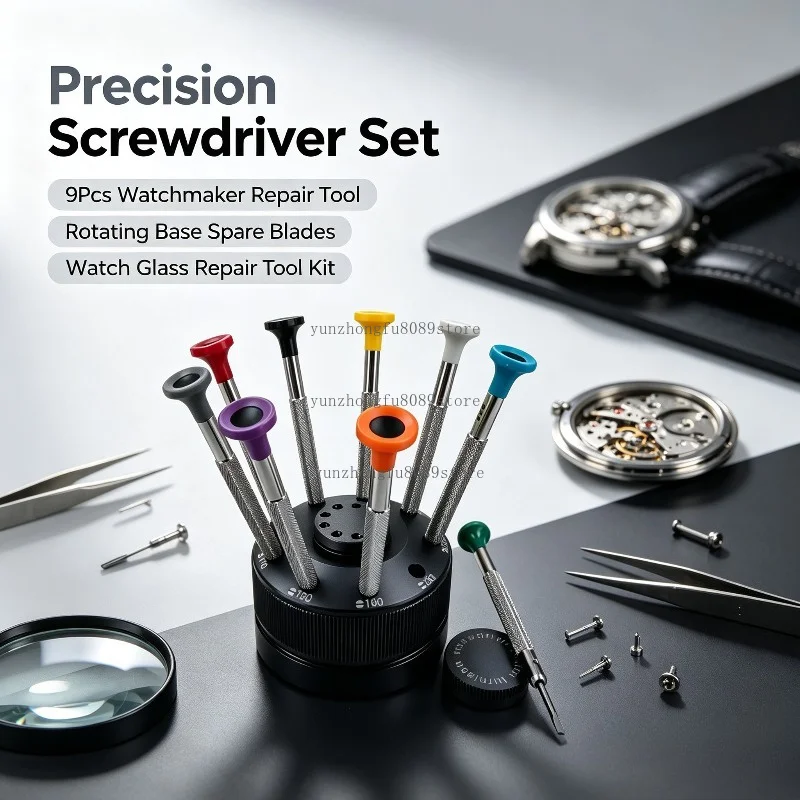 Stainless Steel Precision Screwdriver Set, 9Pcs Watchmaker Repair Tool with Rotating Base and Spare Blades for Repair