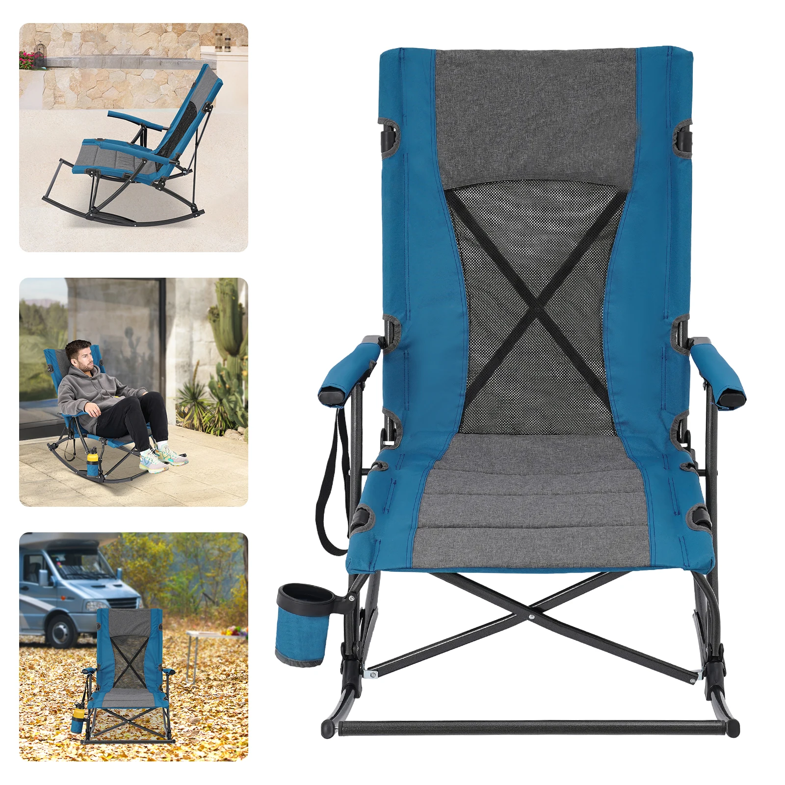 

Foldable Rocking Camping Chair for Traveling, Terraces, Porches, Lawns, Gardens, Patios, Backyards, BBQs, Beaches, etc