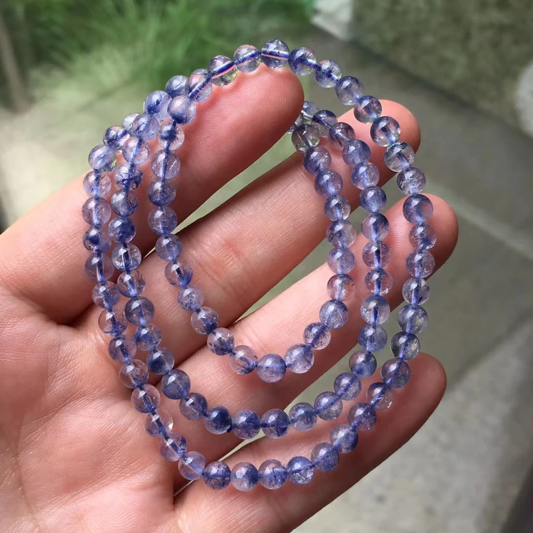 Natural Blue Rutilated Dumortierite Quartz 3 Laps Bracelet 4.8mm Women Men Dumortierite Clear Round Beads Rare AAAAA