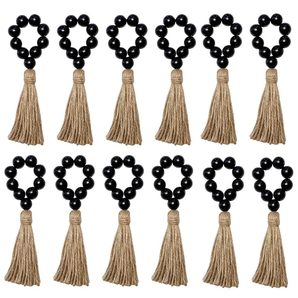 SEWS-Napkin Rings Set Of 12,Wooden Napkin Rings,Wood Bead Elastic Farmhouse Napkin Rings With Tassel,Boho Napkin Rings