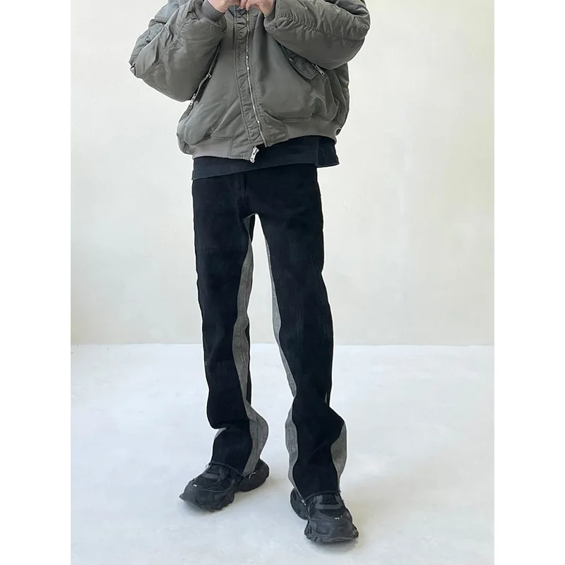 [BOMP] 2024 Autumn Men High Street American Color Blocked Fringed Micro Flared Jeans 2024 New Trendy Long Pants New Fashion