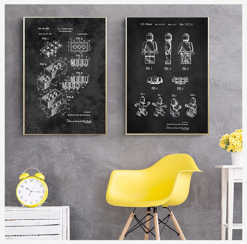 Décor de chambre d'enfants, plan Vintage, peinture sur toile, jeu d'images, idée cadeau, blocs de construction Legos, jouet imprimé breveté, affiches d'art murales