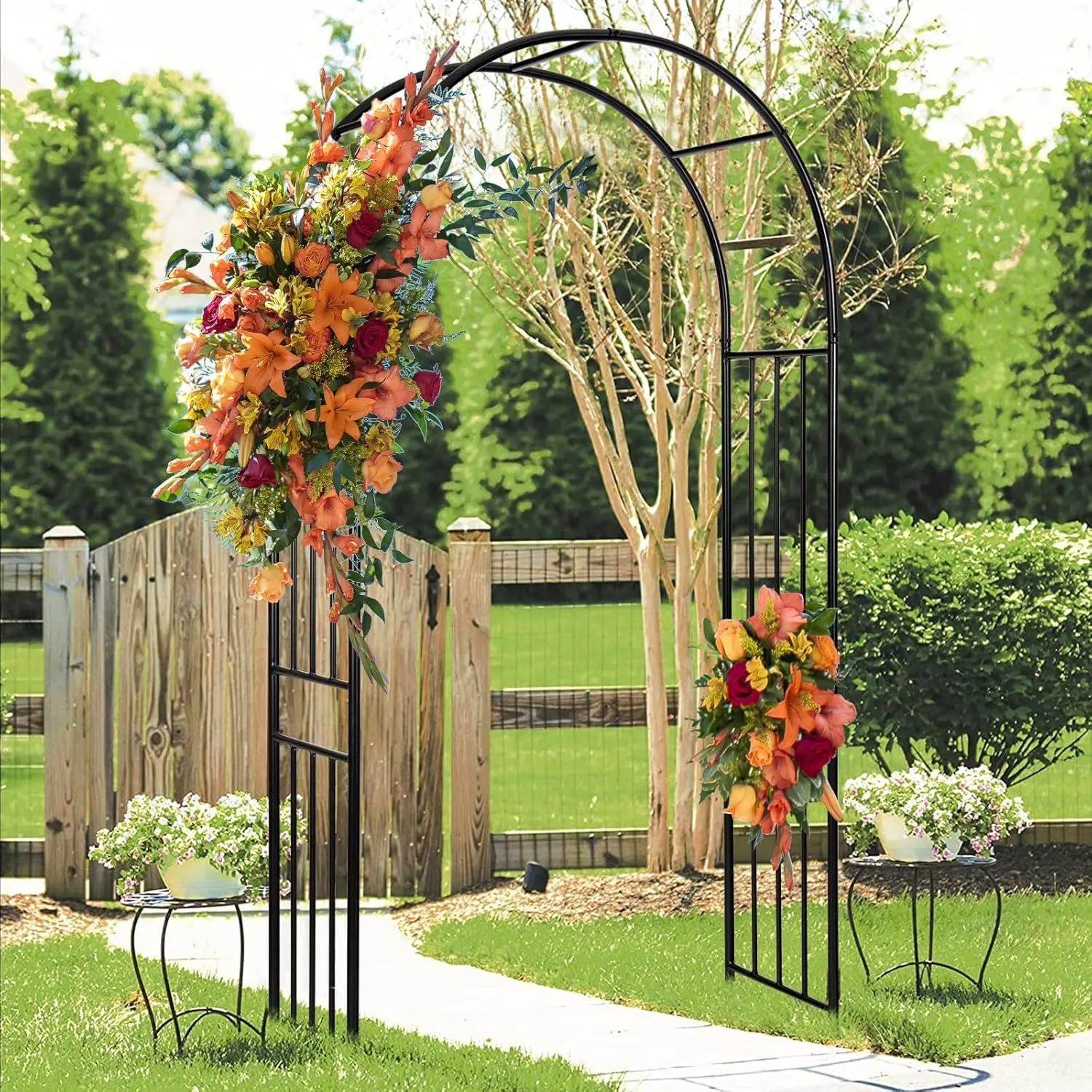 Moccha Garden Arch Arbor Trellis, 7.2Ft Outdoor Steel Arbor with Stakes, Metal Archway for Climbing Plants, Wide Sturdy Durable