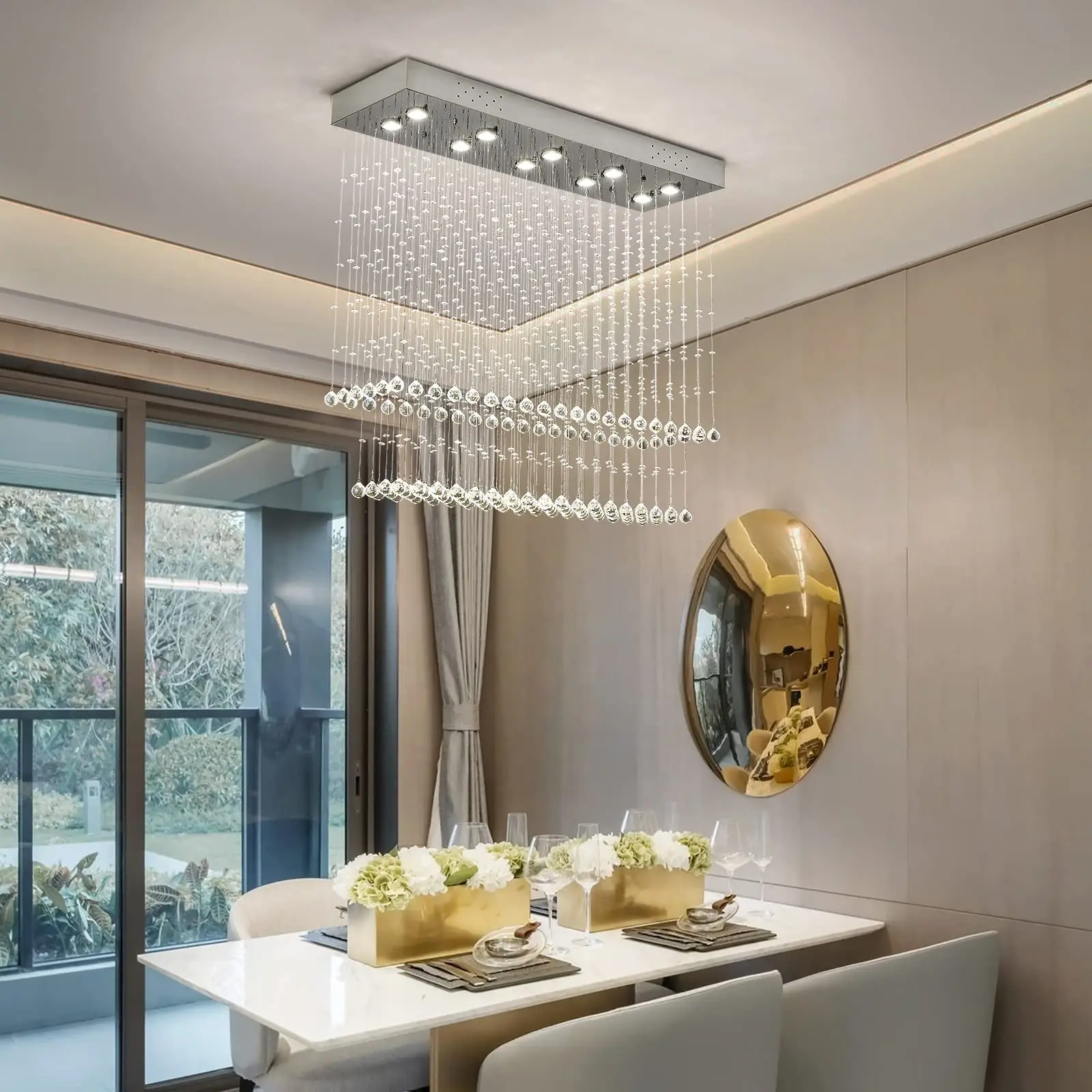 Modern Rectangular Crystal Chandelier Ceiling Lighting Fixture Raindrop Pendant Flush Mount Light for Dining Rooms Kitchen