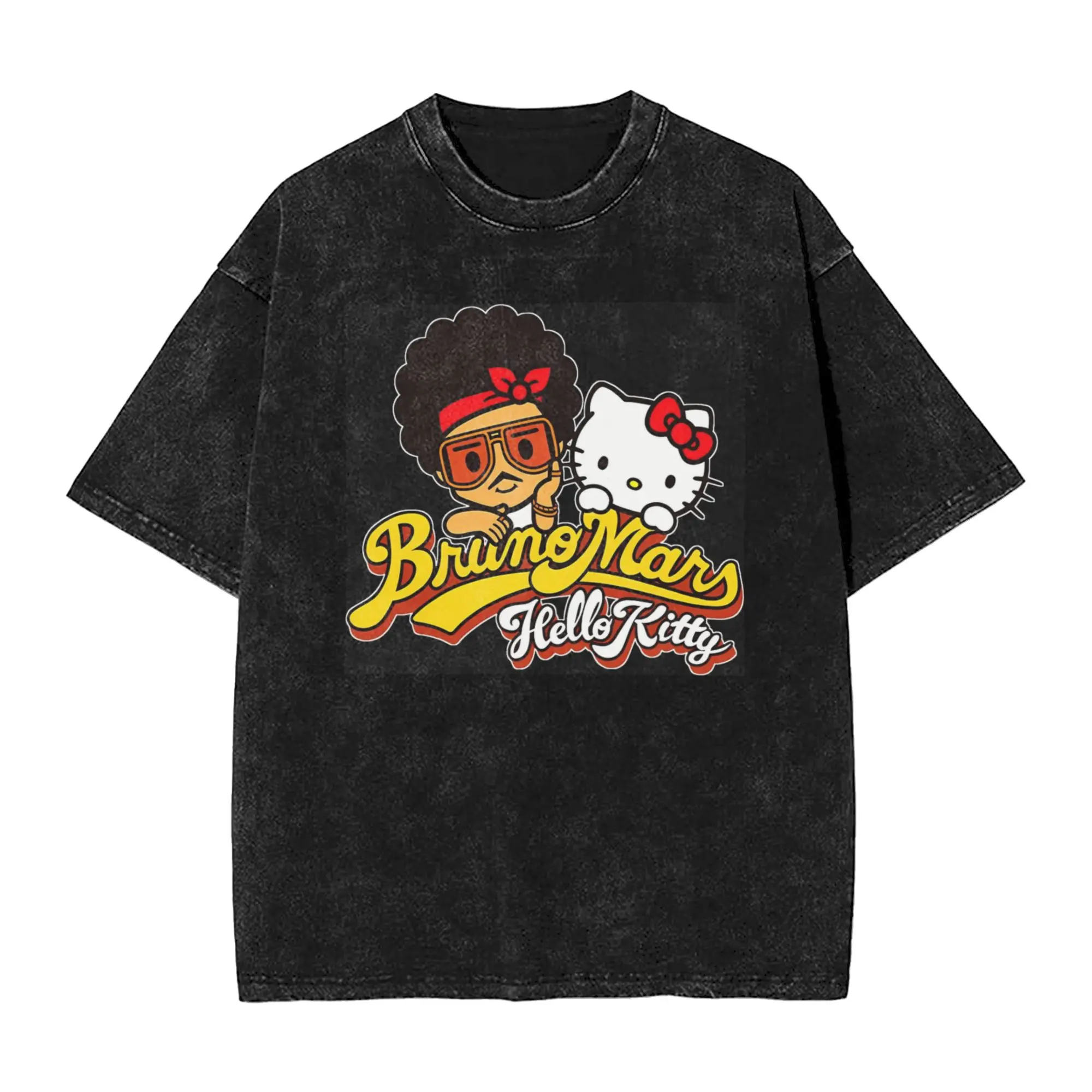 

Vintage Washed T-Shirt Bruno Mars Hello Kitty Simple T-Shirts Hip Hop Tshirt for Couple Summer Y2K Fun Casual Clothing