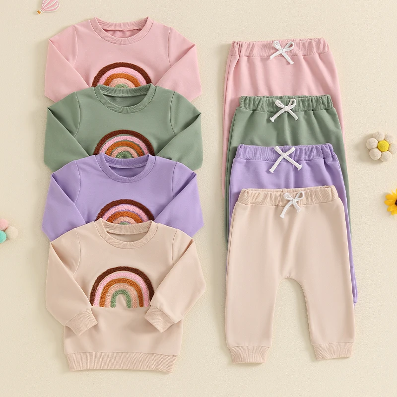 2024-05-20 Lioraitiin Baby Girls Outfit, Embroidery Rainbow Long Sleeve Crew Neck Sweatshirt with Elastic Waist Sweatpants