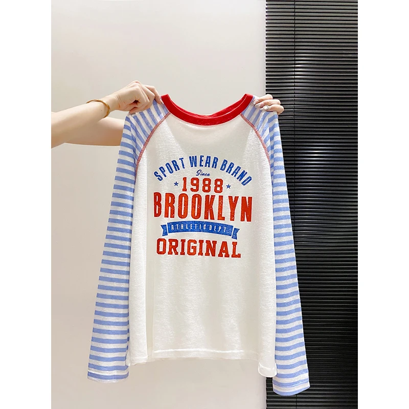 

Women's Striped Sun Protection Jacket Summer Retro Letter Print Thin Casual Loose Fit Breathable College Style Coat