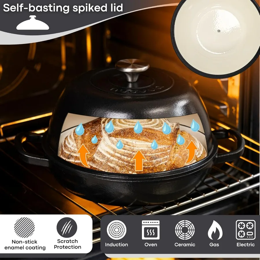 Forno holandês de ferro fundido esmaltado, forno holandês para assar pão sourdough, pote de pão de ferro fundido preto 6 quartos 26cm por