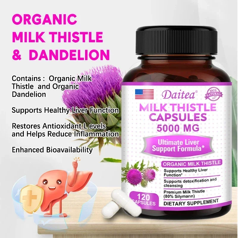 Organic Milk Thistle Extract 5000 mg Capsules and Dandelion Thistle, Liver Health, Supports Liver Function, Non-GMO, Vegetarian