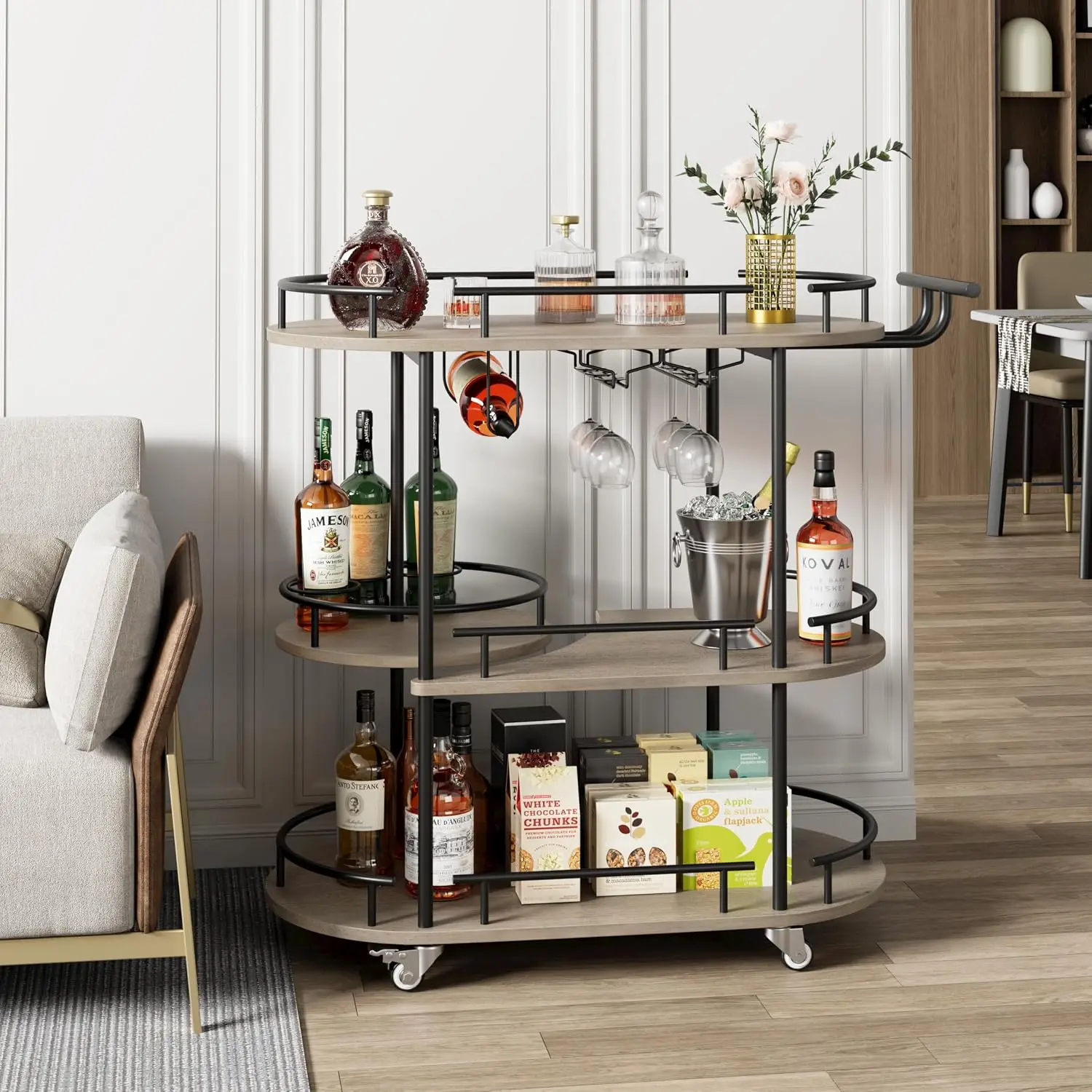 3-Tier Bar Cart on Wheels, Mobile Serving Cart with Wine Rack and Glass Holder, Metal Kitchen Utility Cart for Coffee Station