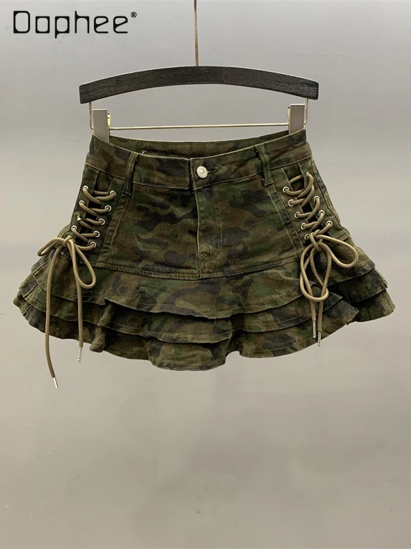 

American Camouflage Retro Denim Skirt Women 2025 Summer New Fashion Straps High Waist A-line Skirts Spice Girl Y2K Tutu Skirt