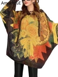 AmaxluluE 2025 Winter Luxury Knitted Pullover Womens Fashion Loose Warm Printed Diamond Sweaters Ladies Casual Oversized Jumpers