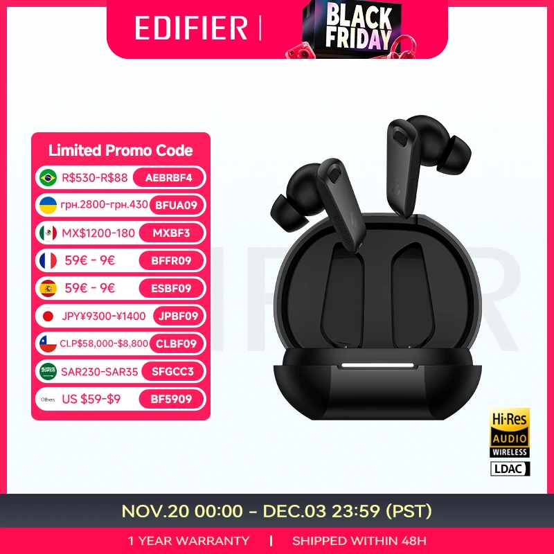 Edifier NeoBuds Plus True Wireless couteurs Hybrides ANC -48dB Bluetooth V5.4 Hi-Res LDAC LHDC5.0 IP54 Son spatial 47H de lecture