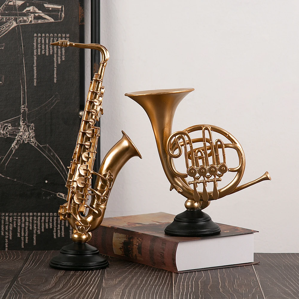 

Golden Resin Instrument Figurines Violin Saxophone Trumpet Music Art Model Statue Home Office Decor Musician Desktop Ornament