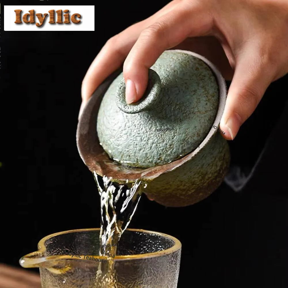 HOYIHM 200ML Coarse Pottery Three Talent Cover Bowl Tea Cup Household Large Kiln Transformation Single Japanese Offer Cha Gift
