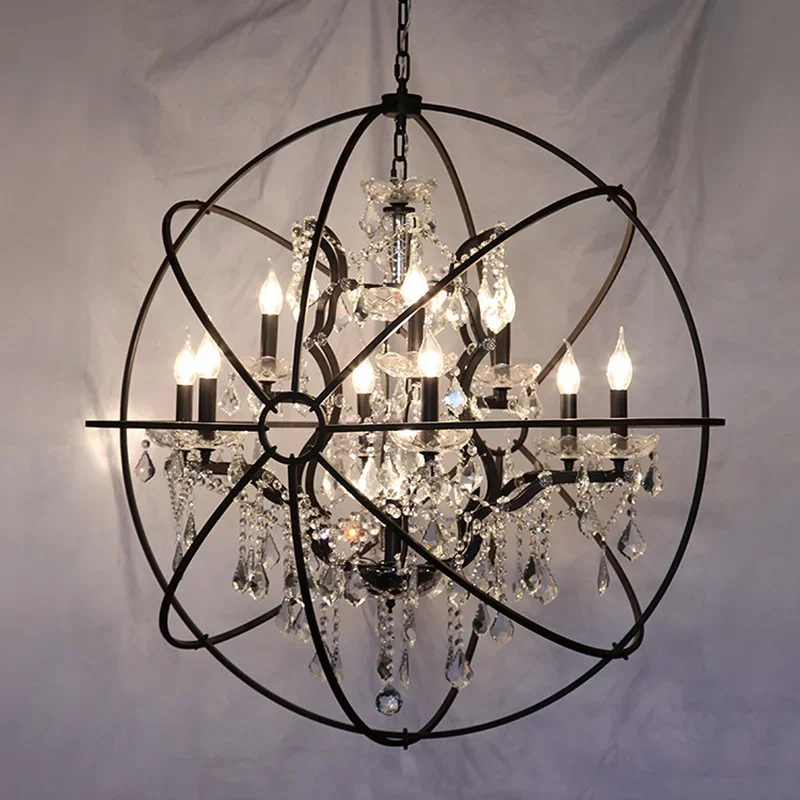 

Retro Iron Palace Spherical Chandelier Imitating Candlelight Bedroom Corridor Retro Restaurant Crystal Bird Cage Pendant Lights