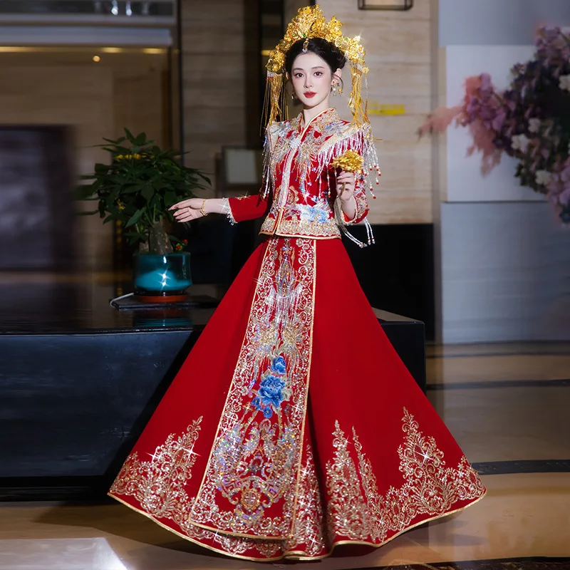 

Bride Formal Banquet Cheongsam Traditional Chinese Style Beading Tassels Party Gown Vintage Oriental Sequins Wedding Dress