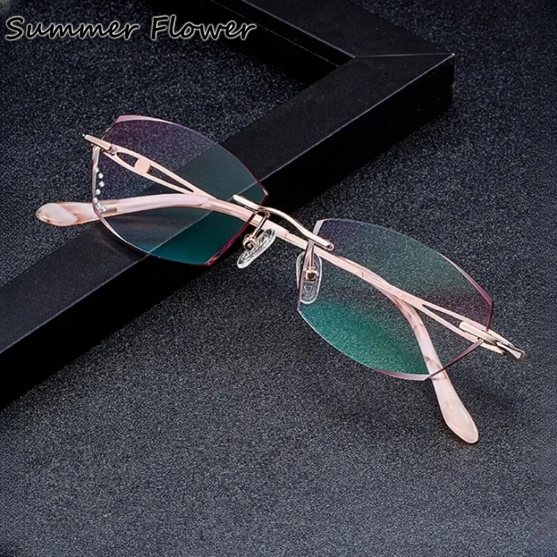 

Prescription Glasses with Stones Fashion Female Diamond Trim Rimless Titanium Spectacle Frame Women Sunglasses Tint Color Lens