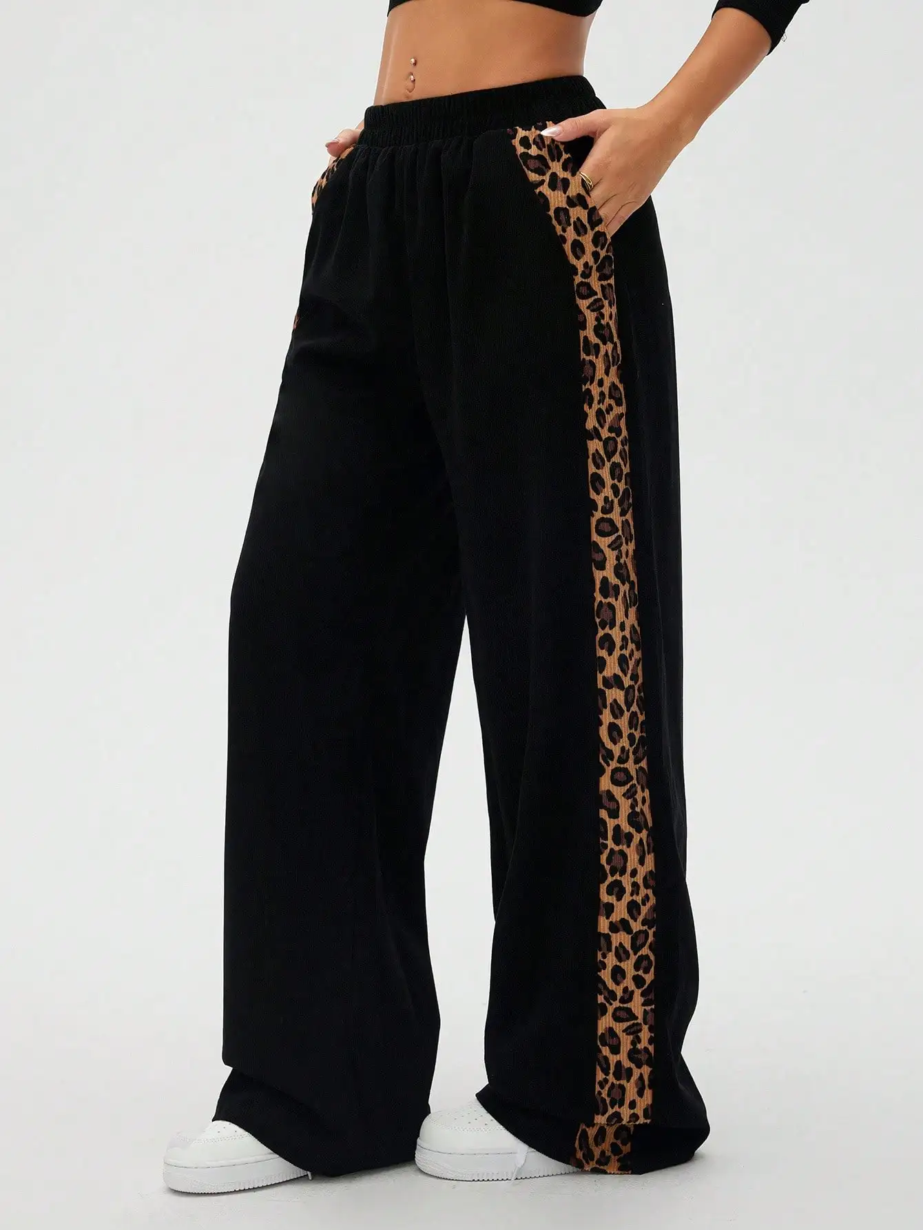 

Women's Black Wide Leg Pants with Leopard Print Side Panel, Casual Fall Winter