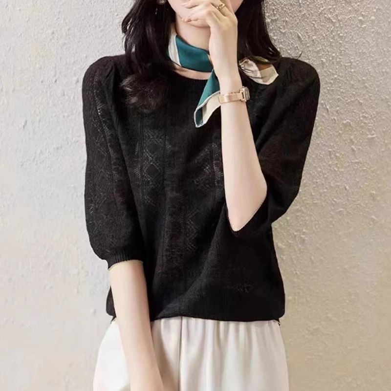 2023 Summer Thin Hollow Out Knitted T Shirt Women White Tops Female O Neck Casual Tshirts Woman Short Sleeve Loose Pink Tees