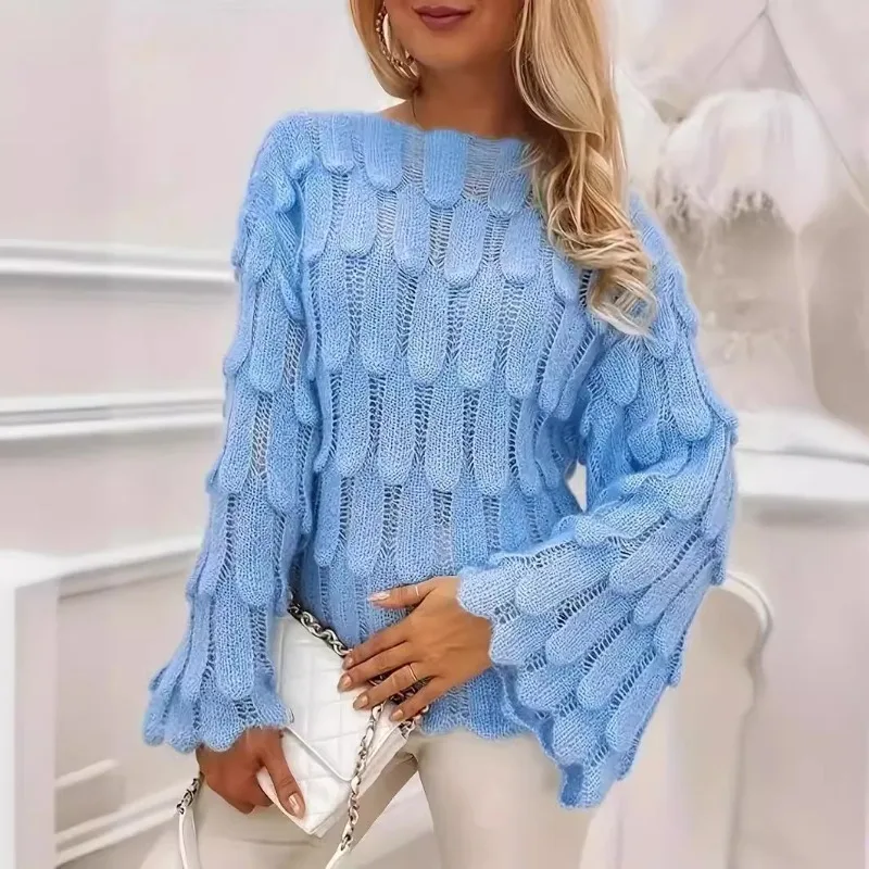 Jersey de punto clásico de invierno, suéter retorcido de plumas, prendas de punto de manga larga con cuello redondo, ropa suave y cálida, Top coreano