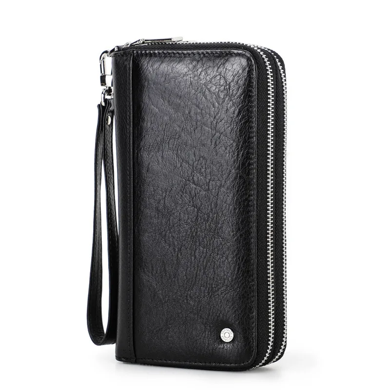 Men's Wallet Genuine Cowhide Leather Clutch Bag Large Capacity Long Double Zipper Purse with Wrist Strap for Unisex