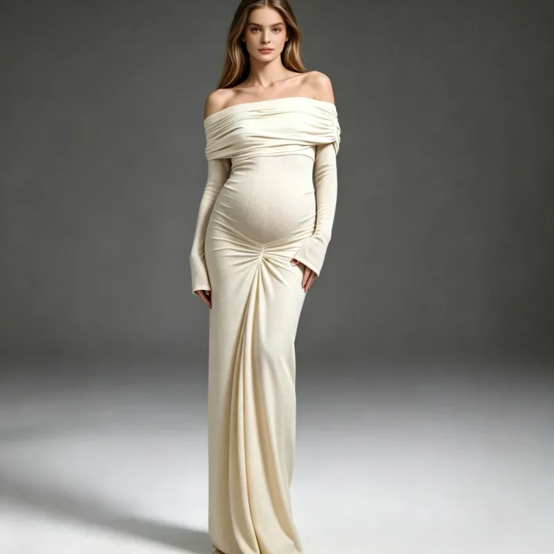 Off Shoulder Maternity Gown Long Sleeve Ruched Belly Maxi Dress, Stretch Bodycon Mermaid Photoshoot Dress For Baby Shower Party view 2