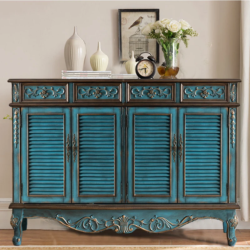 Mediterranean Breathable Shoe Cabinet Home Door Solid Wood Louver European Blue Hallway Cabinet Retro Balcony Furniture